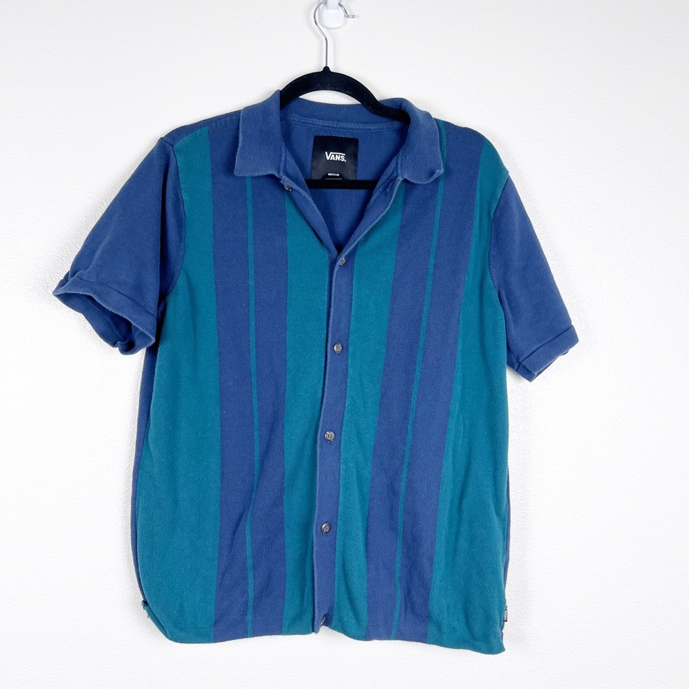 Vans Men's Short Sleeve Button Up Knit Shirt Blue Green Sz M‎